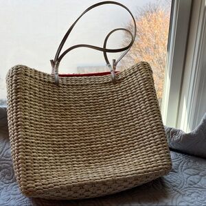 Xhilaration Natural Woven Tote with Red Trim